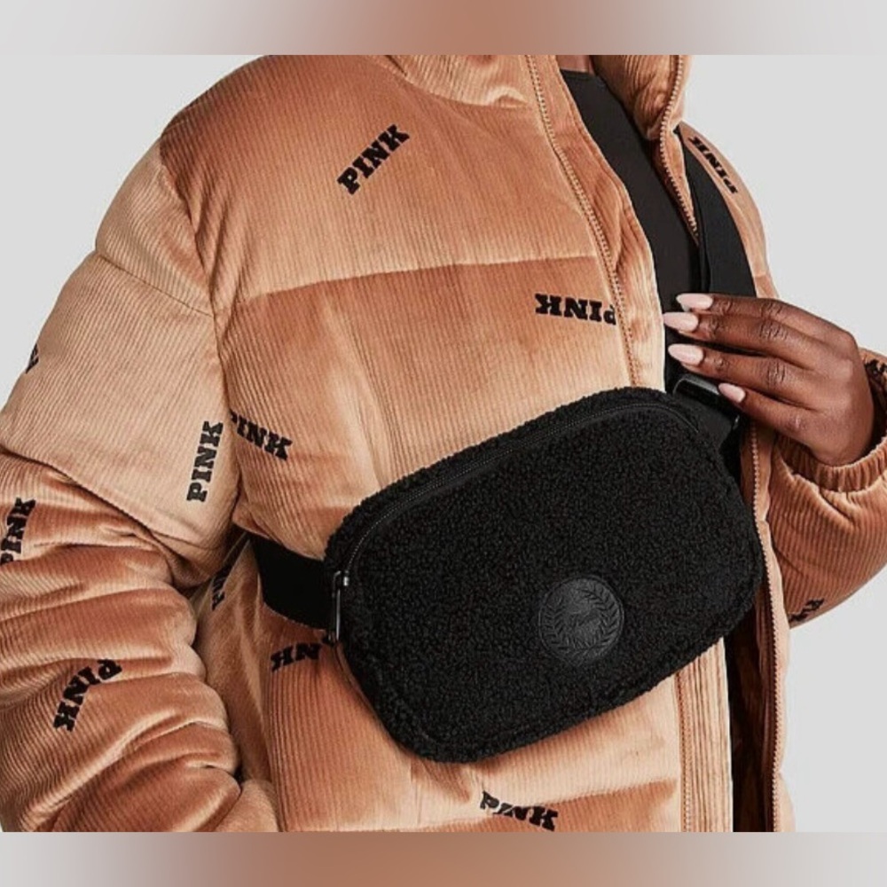 VS Pink Fluffy Sherpa Fleece Logo Belt Bag Black NWT